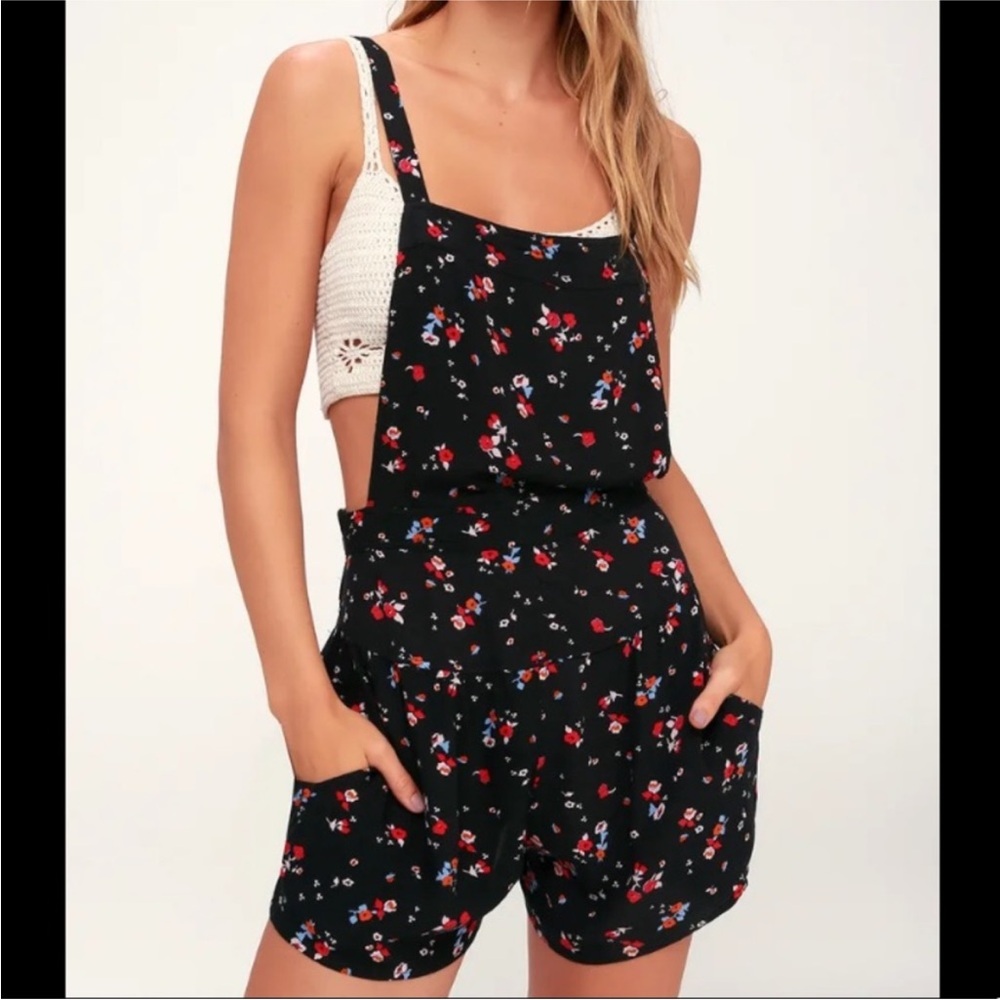 Free People Black Floral Shortalls